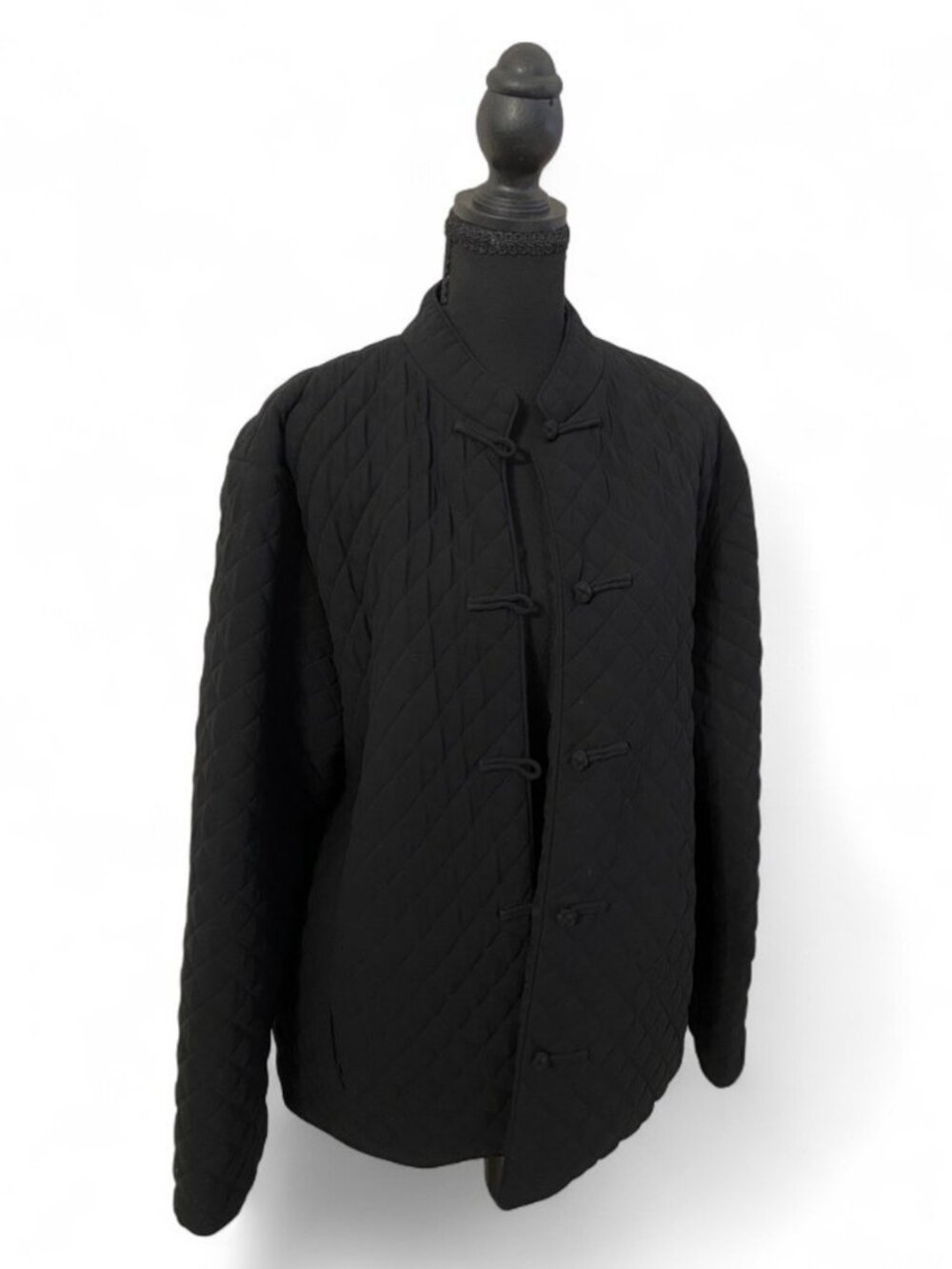 Eileen Fisher 100% Silk Black Coat Quilted Mandarin Collar Jacket Quiet Luxury L